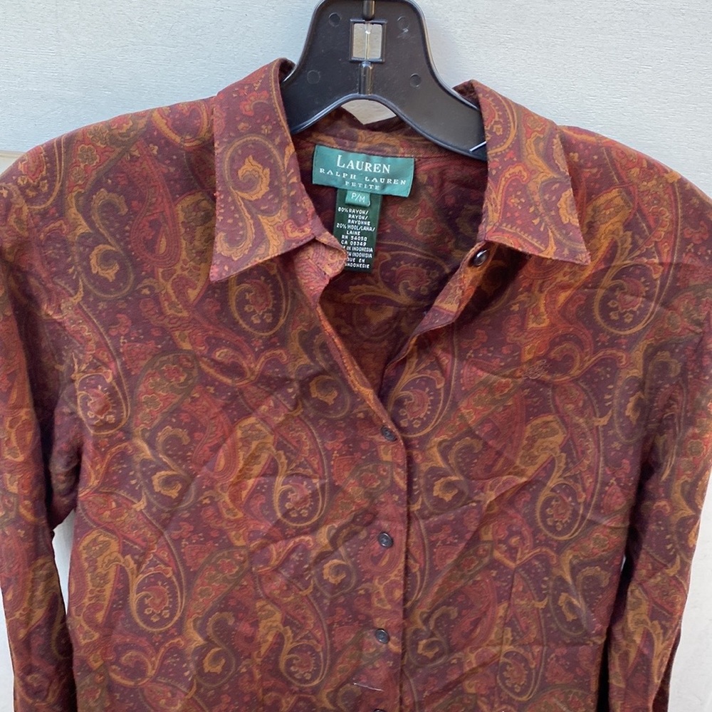 Lauren Ralph Lauren button down brown shirt paisley size petite P M